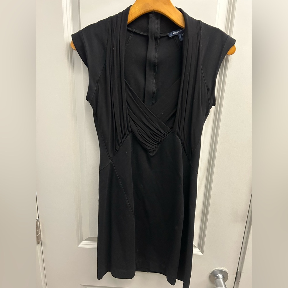 French Connection Ruched Front Capped Sleeve Black Mini Dress